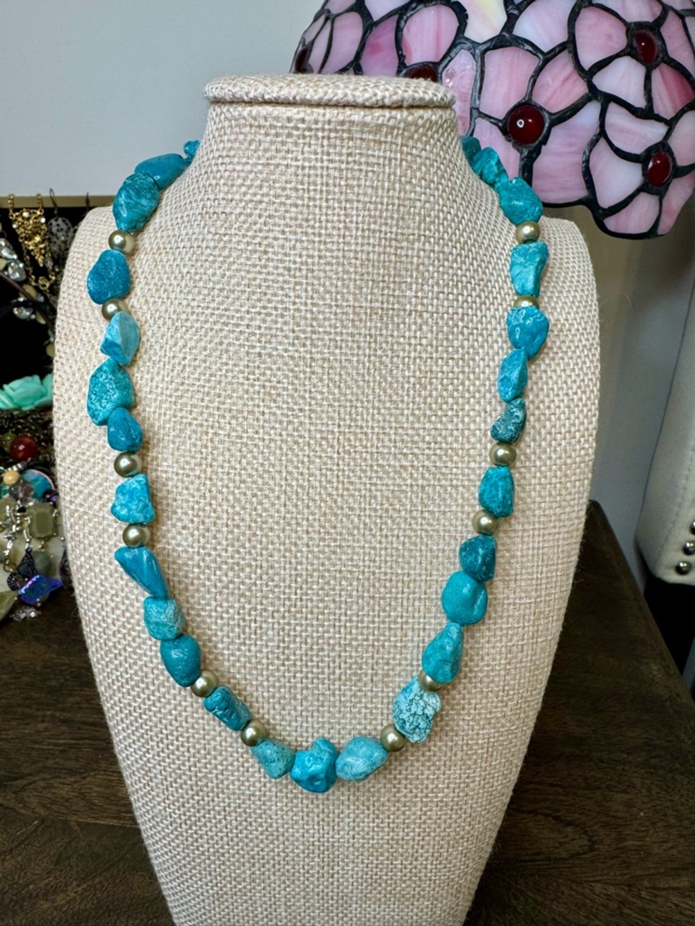 Faux Turquoise Nugget and Silver Bead Necklace - Women Jewelry